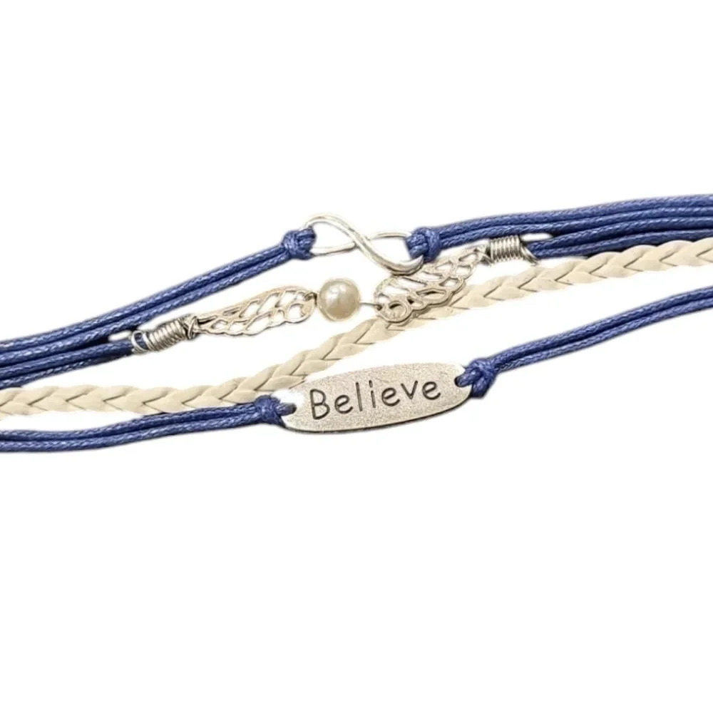 Infinity Wings Faux Pearl Believe Faux Leather Multi-layered Bracelet